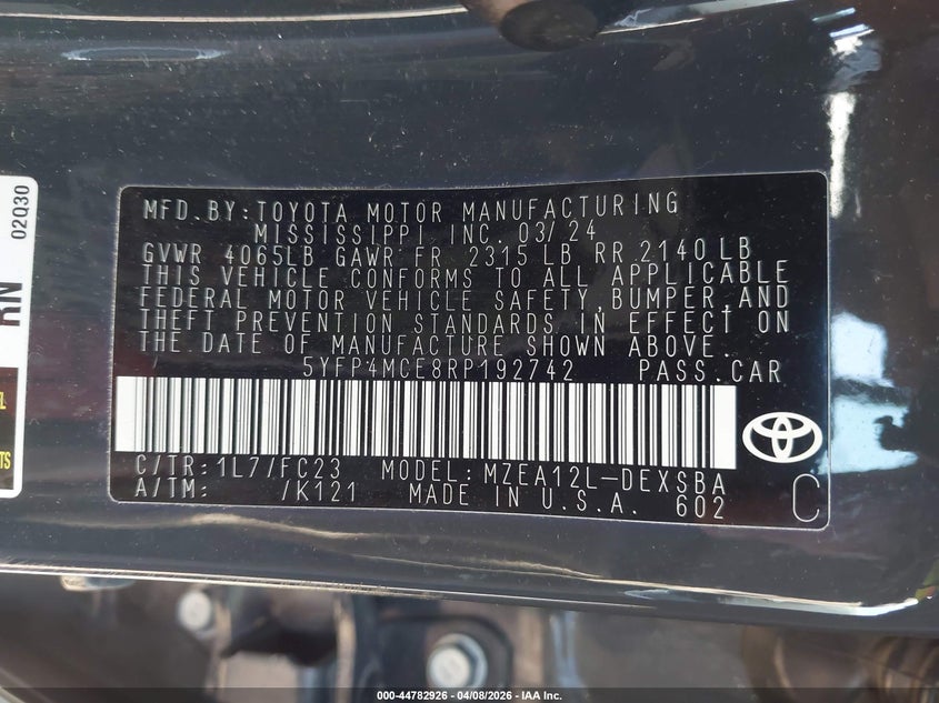 2024 Toyota Corolla VIN 5YFP4MCE8RP192742 IAAI salvage auction — LEFT SIDE, Salvage Title, sold $9,875 on 2026-07-29 (photo 9)