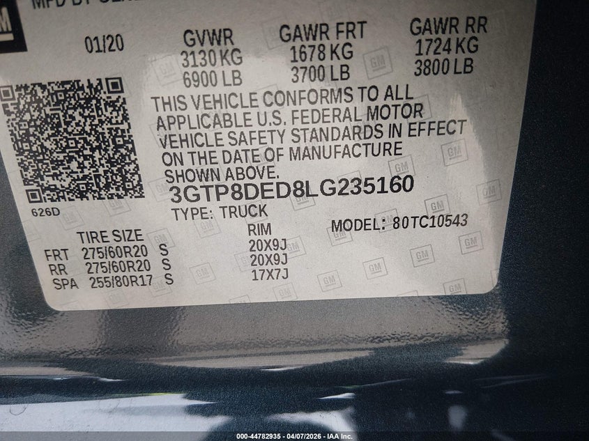 2020 Gmc SIERRA VIN 3GTP8DED8LG235160 IAAI salvage auction — RIGHT FRONT, Salvage Title, sold $8,200 on 2026-07-09 (photo 9)