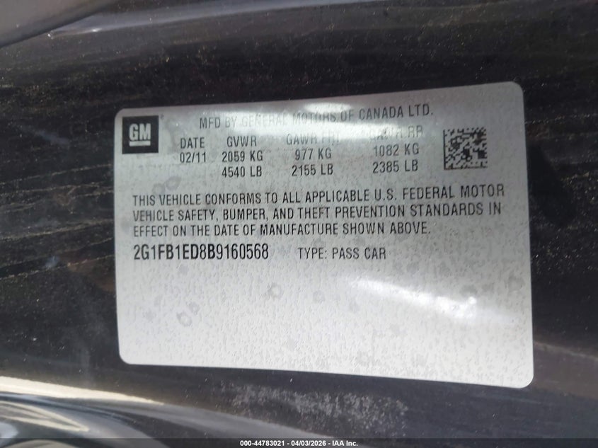 2011 Chevrolet Camaro VIN 2G1FB1ED8B9160568 IAAI salvage auction — LEFT FRONT, Salvage (California), sold $1,950 on 2026-07-09 (photo 9)