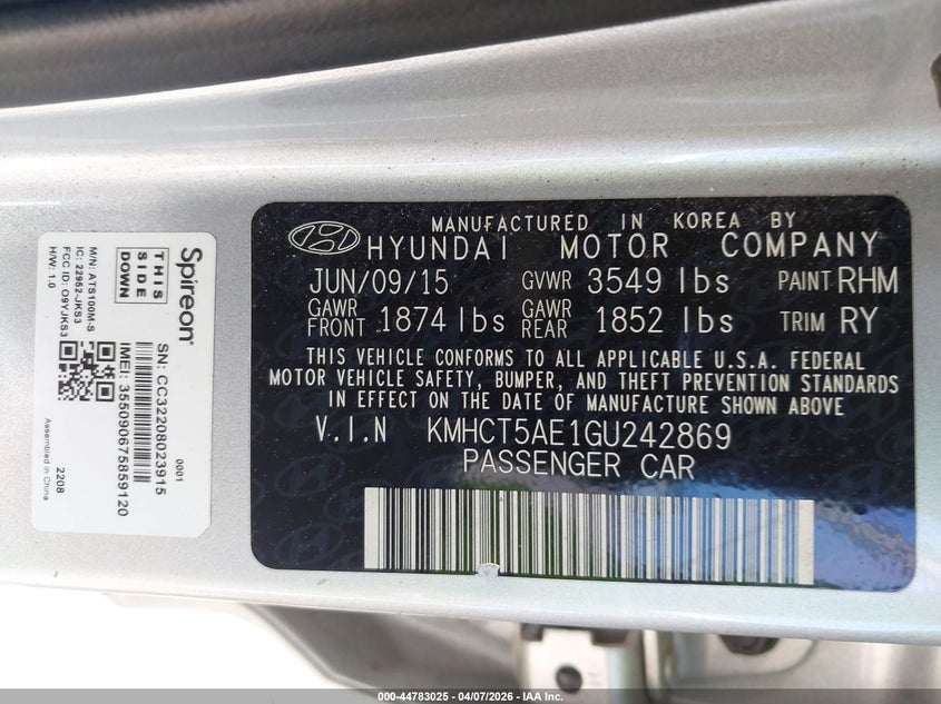 2016 Hyundai Accent VIN KMHCT5AE1GU242869 IAAI salvage auction — FRONT & REAR, Salvage (Texas), sold $1,275 on 2026-07-15 (photo 9)