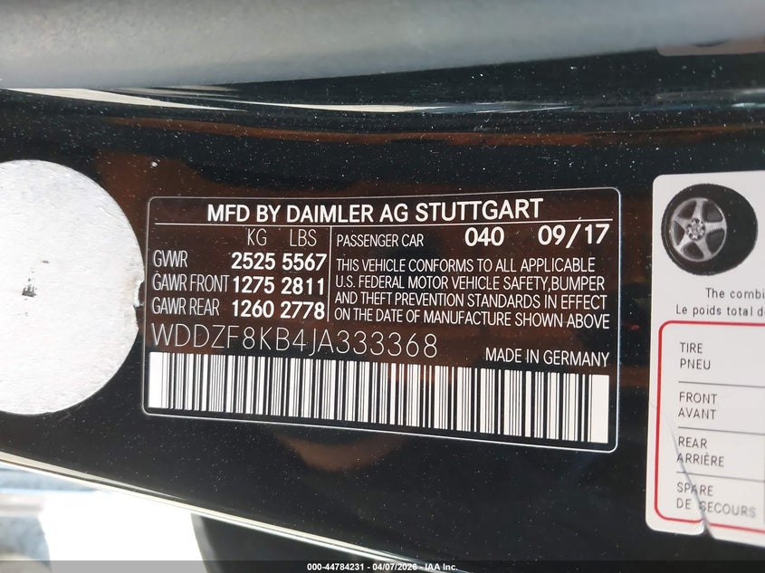 2018 Mercedes-benz VIN WDDZF8KB4JA333368 IAAI salvage auction — FRONT END, Salvage Title, sold $13,525 on 2026-07-22 (photo 9)