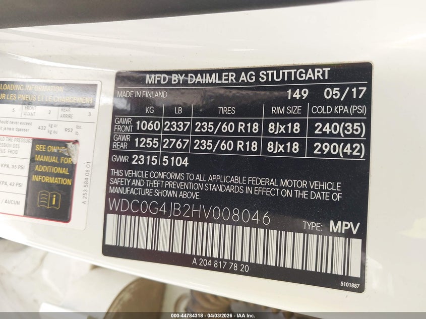 2017 Mercedes-benz Glc VIN WDC0G4JB2HV008046 IAAI salvage auction — FRONT END, Wait Title, sold $5,800 on 2026-07-28 (photo 9)
