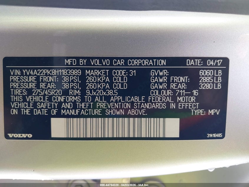 2017 Volvo Xc90 VIN YV4A22PK8H1183989 IAAI salvage auction — STORM DAMAGE, Wait Title, sold $5,700 on 2026-07-23 (photo 9)