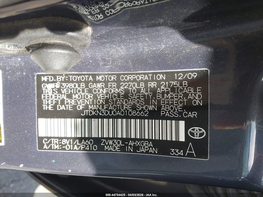 2010 Toyota Prius VIN JTDKN3DU0A0108662 IAAI salvage auction — FRONT END, Salvage (California), sold $700 on 2026-07-09 (photo 9)