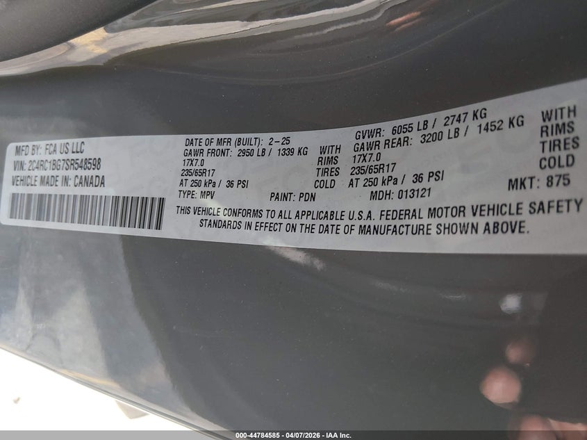 2025 Chrysler Pacifica VIN 2C4RC1BG7SR548598 IAAI salvage auction — FRONT & REAR, Wait Title, sold $7,700 on 2026-07-28 (photo 9)