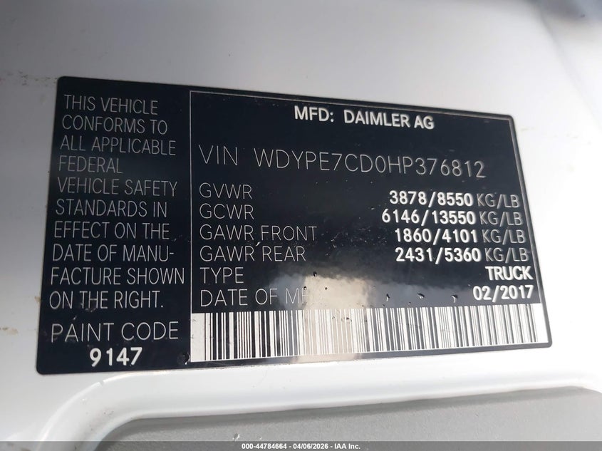 2017 Freightliner Sprinter 2500 VIN WDYPE7CD0HP376812 IAAI salvage auction — SIDE, Salvage (California), sold $5,125 on 2026-07-26 (photo 9)