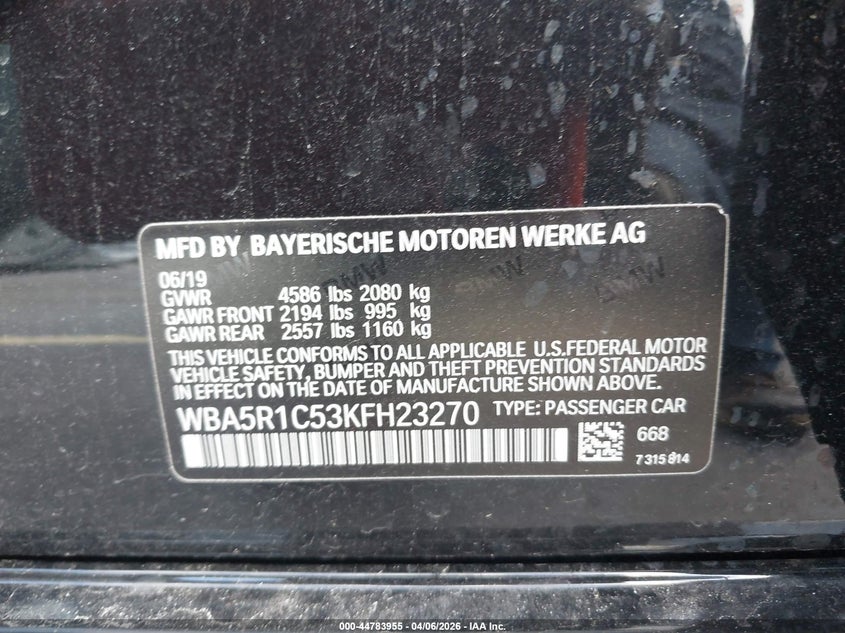 2019 BMW 3 series VIN WBA5R1C53KFH23270 IAAI salvage auction — FRONT END, Wait Title, sold $6,600 on 2026-08-16 (photo 9)
