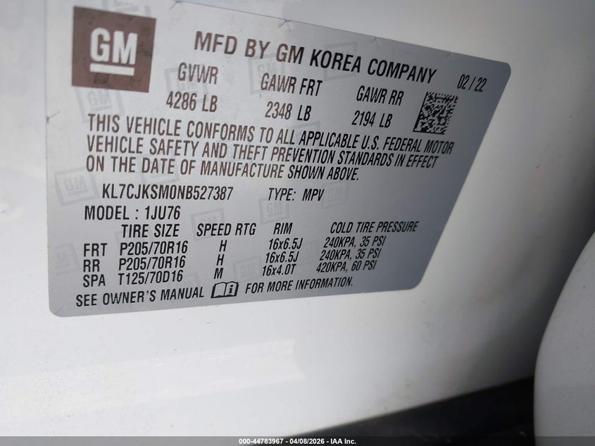 2022 Chevrolet Trax VIN KL7CJKSM0NB527387 IAAI salvage auction — REAR END, Salvage Title, sold $6,350 on 2026-07-08 (photo 9)