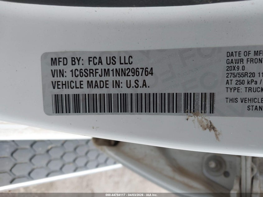 2022 Ram 1500 VIN 1C6SRFJM1NN296764 IAAI salvage auction — RIGHT SIDE, Wait Title, sold $11,450 on 2026-08-29 (photo 9)