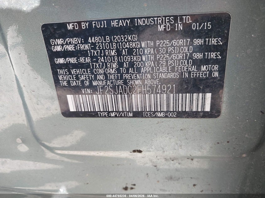 2015 Subaru Forester VIN JF2SJADC2FH574921 IAAI salvage auction — FRONT END, Clear (Virginia), sold $25 on 2026-07-28 (photo 9)