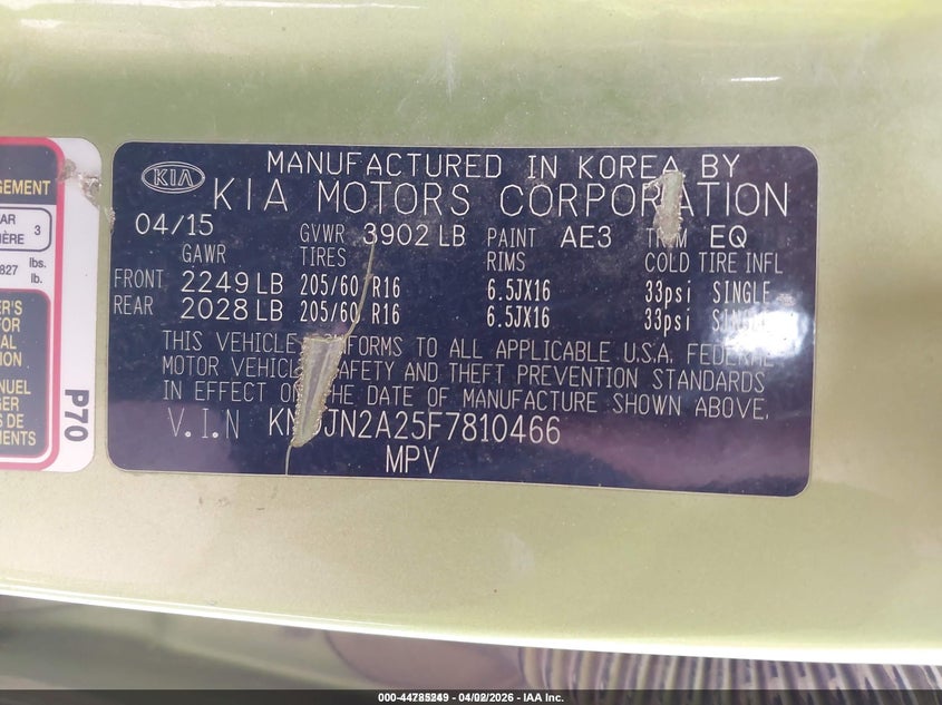2015 Kia Soul VIN KNDJN2A25F7810466 IAAI salvage auction — LEFT & RIGHT, Wait Title, sold $150 on 2026-07-15 (photo 9)