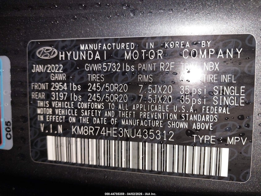 2022 Hyundai Palisade VIN KM8R74HE3NU435312 IAAI salvage auction — LEFT SIDE, Salvage (Hawaii), sold $5,900 on 2026-07-09 (photo 9)