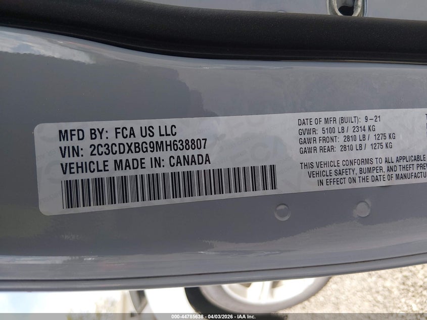 2021 Dodge Charger VIN 2C3CDXBG9MH638807 IAAI salvage auction — FRONT END, Salvage (South Carolina), sold $1,700 on 2026-08-01 (photo 9)