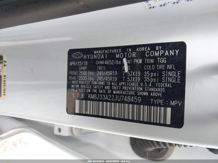 2018 Hyundai Tucson VIN KM8J33A22JU748459 IAAI salvage auction — REAR END, Wait Title, sold $4,000 on 2026-07-16 (photo 9)
