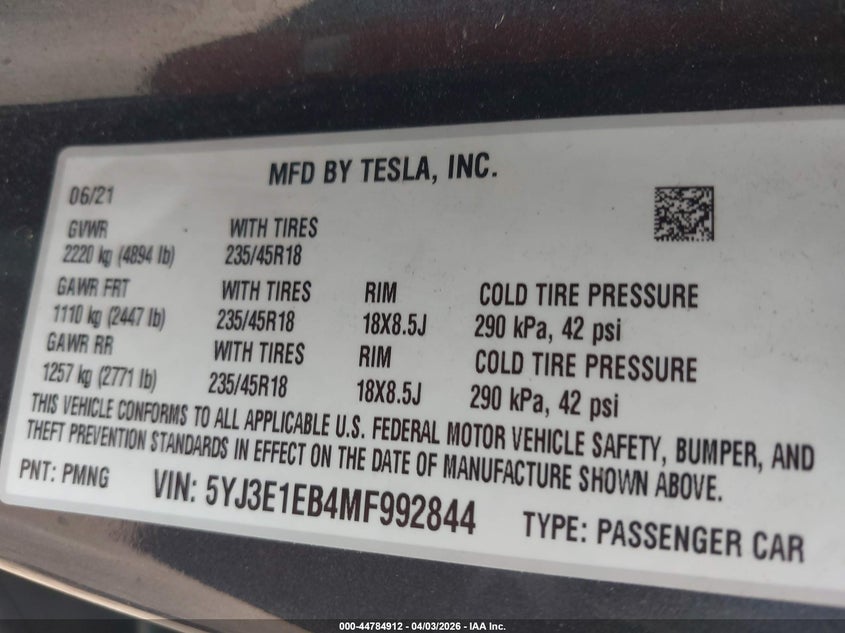 2021 Tesla Model 3 VIN 5YJ3E1EB4MF992844 IAAI salvage auction — REAR END, Salvage (Alabama), sold $3,650 on 2026-07-15 (photo 9)