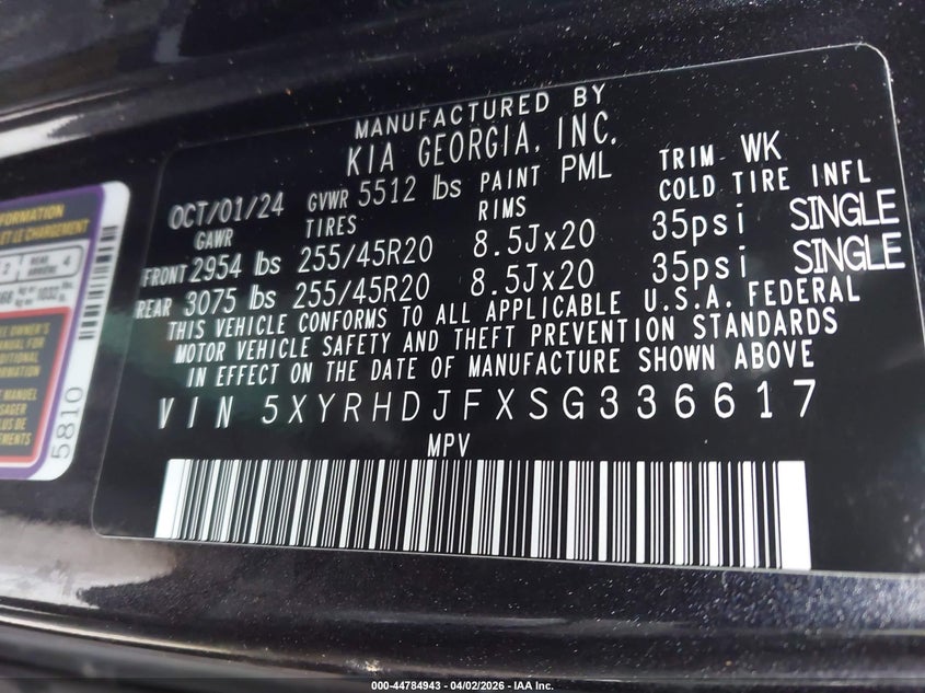 2025 Kia Sorento VIN 5XYRHDJFXSG336617 IAAI salvage auction — ALL OVER, Wait Title, sold $7,475 on 2026-07-22 (photo 9)