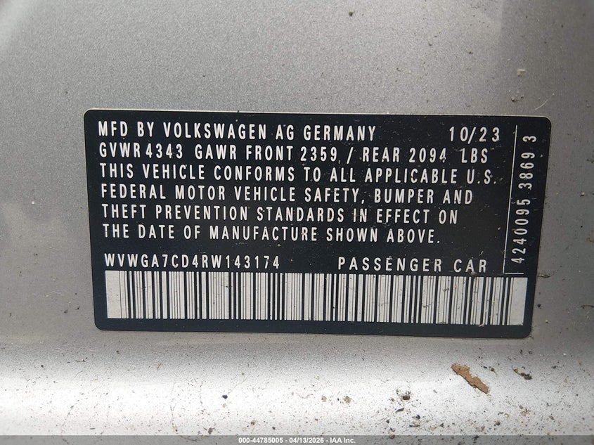 2024 Volkswagen Golf gti VIN WVWGA7CD4RW143174 IAAI salvage auction — FRONT END, Wait Title, sold $225 on 2026-07-28 (photo 9)