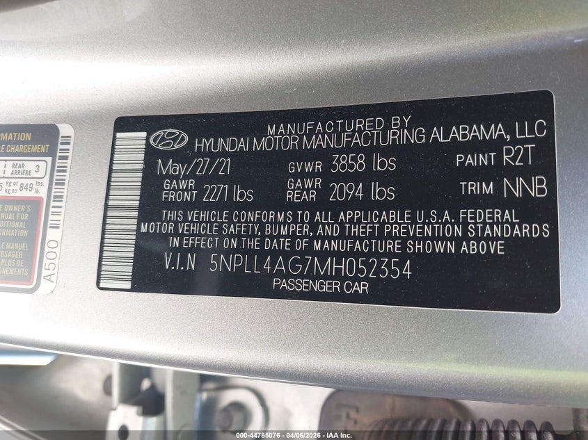 2021 Hyundai Elantra VIN 5NPLL4AG7MH052354 IAAI salvage auction — FRONT & REAR, Salvage Title, sold $3,300 on 2026-07-15 (photo 9)