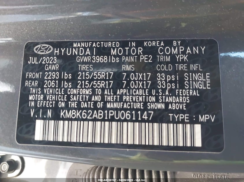 2023 Hyundai Kona VIN KM8K62AB1PU061147 IAAI salvage auction — FRONT END, Original (Texas), sold $5,150 on 2026-07-20 (photo 9)
