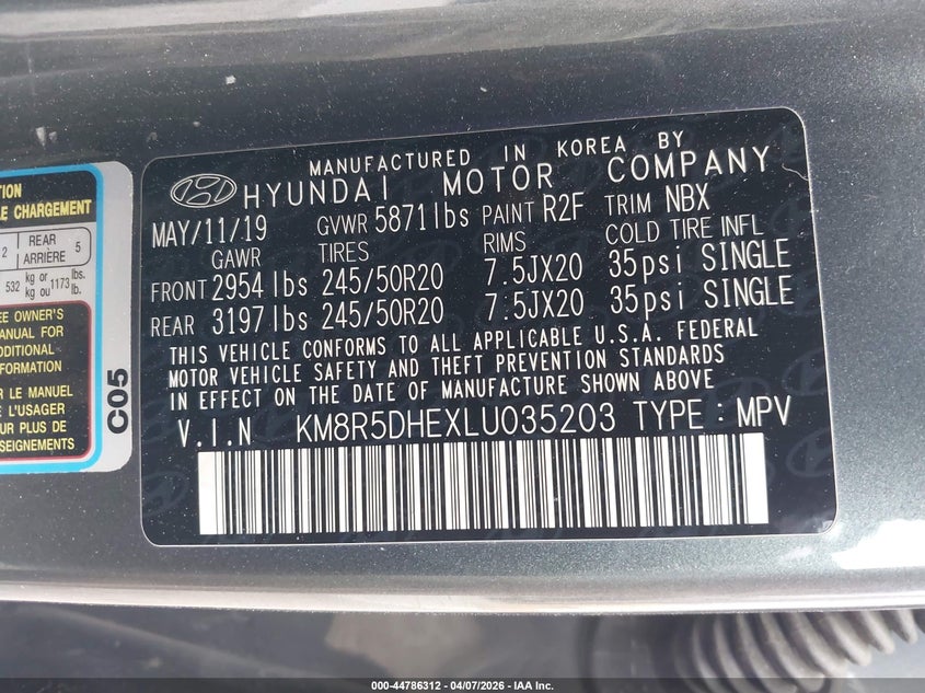 2020 Hyundai Palisade VIN KM8R5DHEXLU035203 IAAI salvage auction — REAR END, Salvage (New Hampshire), sold $7,175 on 2026-07-30 (photo 9)