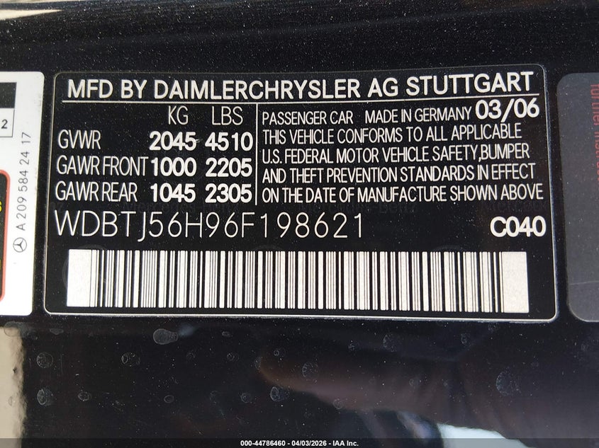 2006 Mercedes-benz Clk-klasse VIN WDBTJ56H96F198621 IAAI salvage auction — FRONT END, Salvage (Nevada), sold $175 on 2026-08-07 (photo 9)