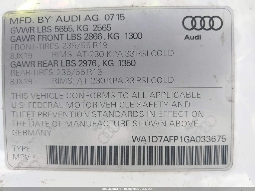 2016 Audi Q5 VIN WA1D7AFP1GA033675 IAAI salvage auction — RIGHT REAR, Salvage Title, sold $1,625 on 2026-07-15 (photo 9)