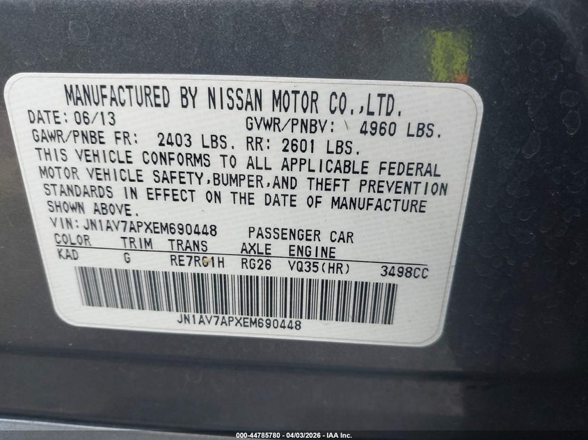 2014 Infiniti Q50 VIN JN1AV7APXEM690448 IAAI salvage auction — FRONT END, Wait Title, sold $875 on 2026-07-28 (photo 9)
