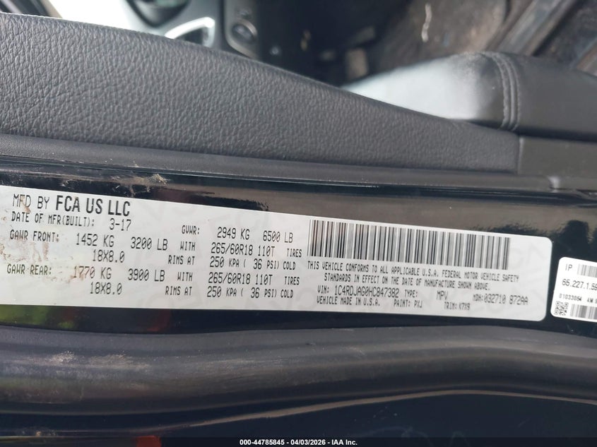 2017 Dodge Durango VIN 1C4RDJAG0HC847382 IAAI salvage auction — LEFT & RIGHT, Wait Title, sold $2,850 on 2026-09-08 (photo 9)