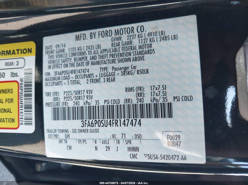 2015 Ford Fusion VIN 3FA6P0SU4FR147474 IAAI salvage auction — REAR END, Wait Title, sold $925 on 2026-07-31 (photo 9)