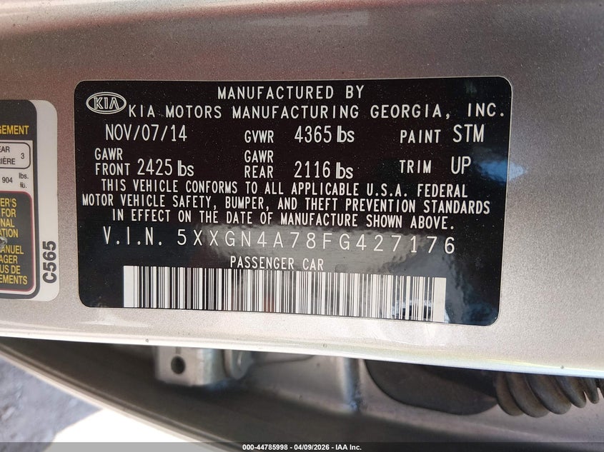 2015 Kia Optima VIN 5XXGN4A78FG427176 IAAI salvage auction — FRONT END, Salvage Title, sold $825 on 2026-07-29 (photo 9)