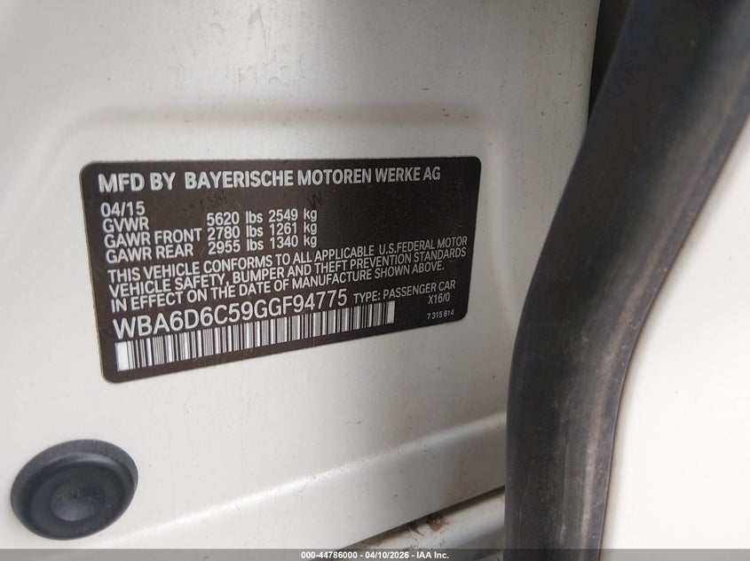 2016 BMW 6er VIN WBA6D6C59GGF94775 IAAI salvage auction — FRONT END, Salvage Title, sold $3,050 on 2026-09-01 (photo 9)