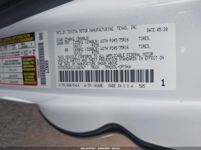 2020 Toyota Tacoma VIN 5TFRX5GN1LX182367 IAAI salvage auction — STORM DAMAGE, Bill Of Sale (Hawaii), sold $25 on 2026-07-28 (photo 9)