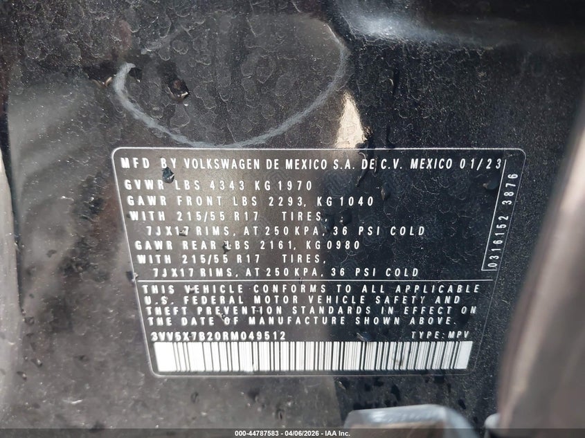 2024 Volkswagen Taos VIN 3VV5X7B20RM049512 IAAI salvage auction — REAR END, Salvage (Alabama), sold $3,500 on 2026-07-25 (photo 9)
