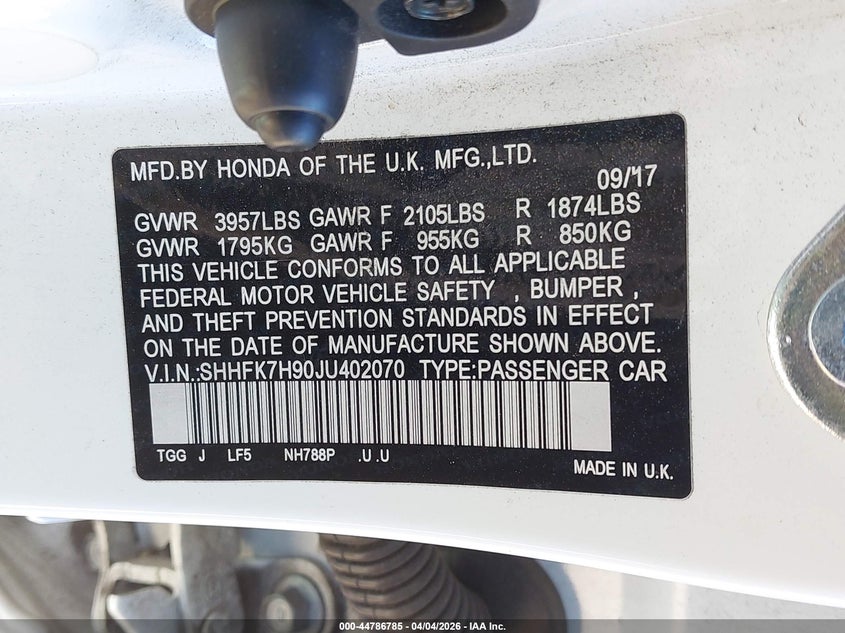 2018 Honda Civic VIN SHHFK7H90JU402070 IAAI salvage auction — RIGHT FRONT, Wait Title, sold $5,150 on 2026-07-22 (photo 9)