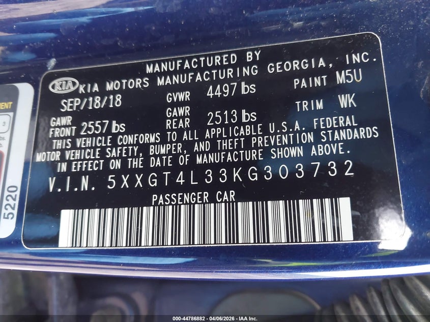 2019 Kia Optima VIN 5XXGT4L33KG303732 IAAI salvage auction — FRONT END, Wait Title, sold $50 on 2026-07-28 (photo 9)