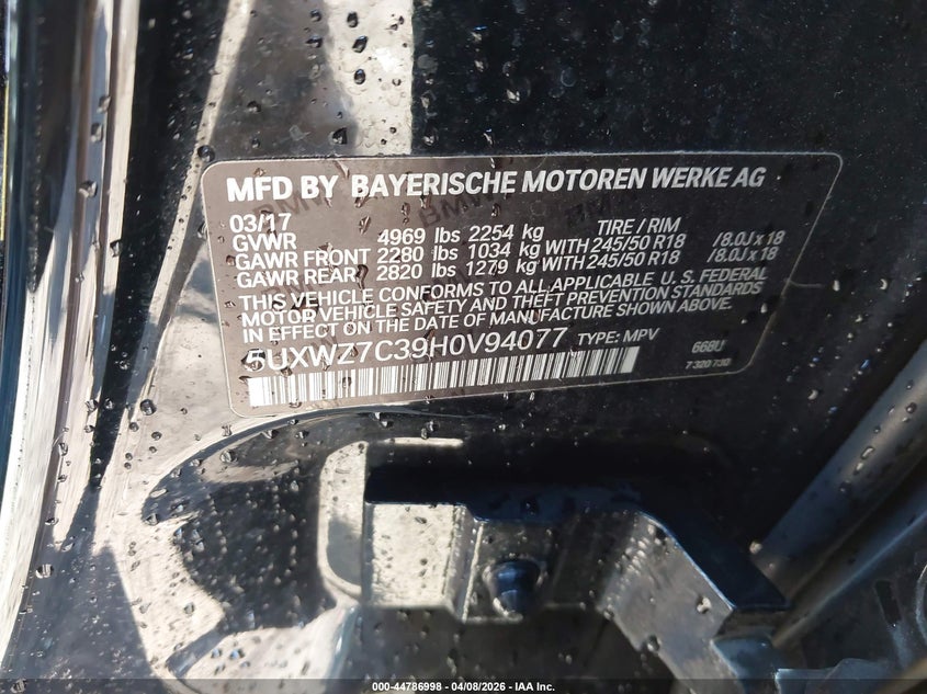 2017 BMW X3 VIN 5UXWZ7C39H0V94077 IAAI salvage auction — FRONT END, Salvage Title, sold $1,650 on 2026-08-01 (photo 9)