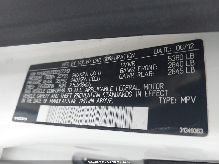 2013 Volvo Xc60 VIN YV4902DZ0D2377219 IAAI salvage auction — SIDE, Salvage (North Carolina), sold $450 on 2026-07-29 (photo 9)