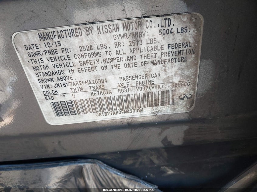 2015 Infiniti Q50 VIN JN1BV7AR2FM420394 IAAI salvage auction — TOTAL BURN, Wait Title, sold $25 on 2026-07-28 (photo 9)