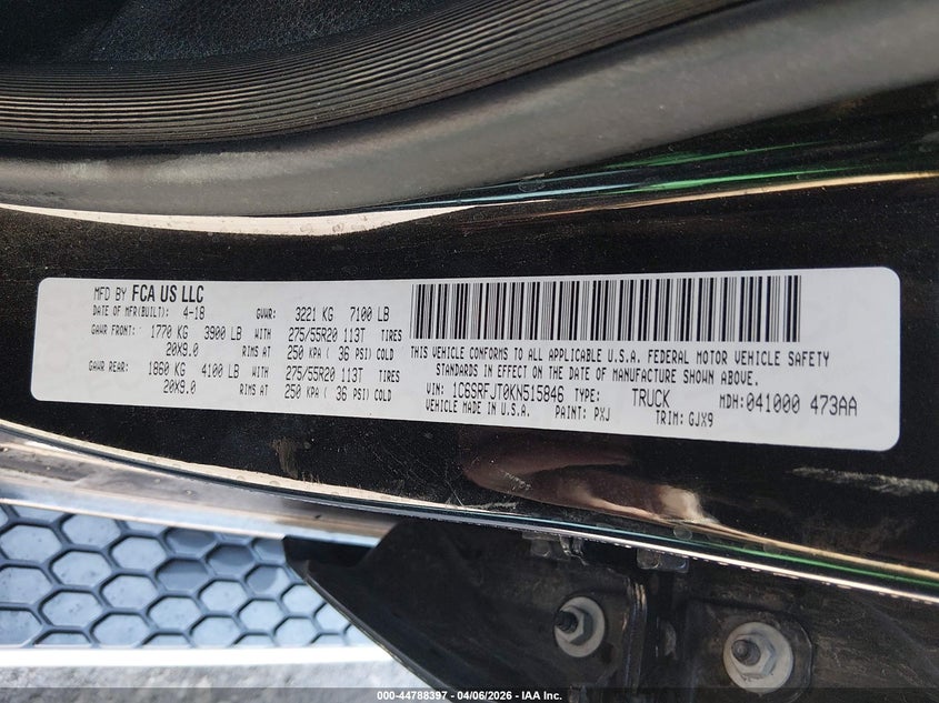 2019 Ram 1500 VIN 1C6SRFJT0KN515846 IAAI salvage auction — UNDERCARRIAGE, Wait Title, sold $12,075 on 2026-07-10 (photo 9)