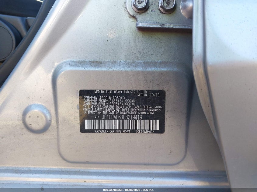 2014 Subaru Impreza VIN JF1GPAL63E8219419 IAAI salvage auction — REAR END, Clear (Tennessee), sold $25 on 2026-07-30 (photo 9)