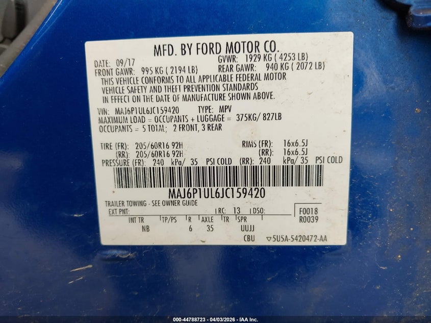 2018 Ford Ecosport VIN MAJ6P1UL6JC159420 IAAI salvage auction — REAR END, Wait Title, sold $25 on 2026-07-21 (photo 9)