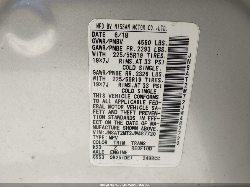 2018 Nissan Rogue VIN JN8AT2MT2JW487720 IAAI salvage auction — FRONT END, Wait Title, sold $1,700 on 2026-07-10 (photo 9)