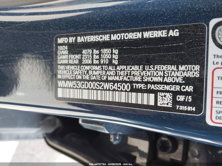 2025 Mini Hardtop VIN WMW53GD00S2W64500 IAAI salvage auction — FRONT & REAR, Mv-907A (New York), sold $6,700 on 2026-07-28 (photo 9)