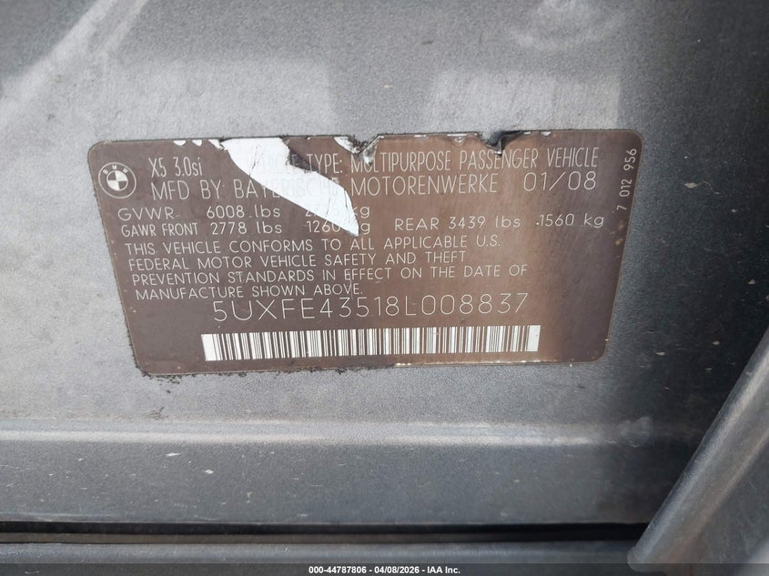 2008 BMW X5 VIN 5UXFE43518L008837 IAAI salvage auction — NORMAL WEAR, Nrc Lienholder Repossession Paperwork (Mississippi), sold $275 on 2026-07-20 (photo 9)