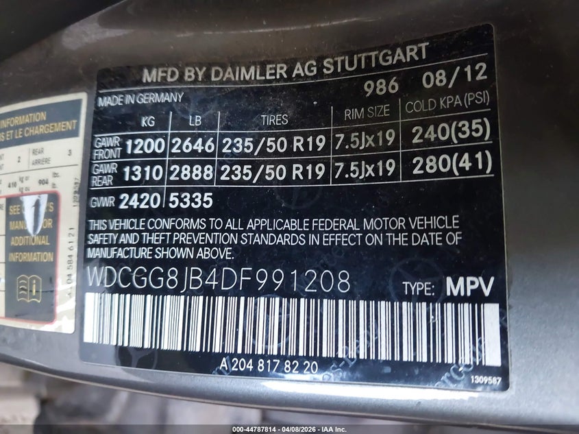 2013 Mercedes-benz Glk-klasse VIN WDCGG8JB4DF991208 IAAI salvage auction — FRONT END, Salvage (Idaho), sold $1,700 on 2026-07-14 (photo 9)