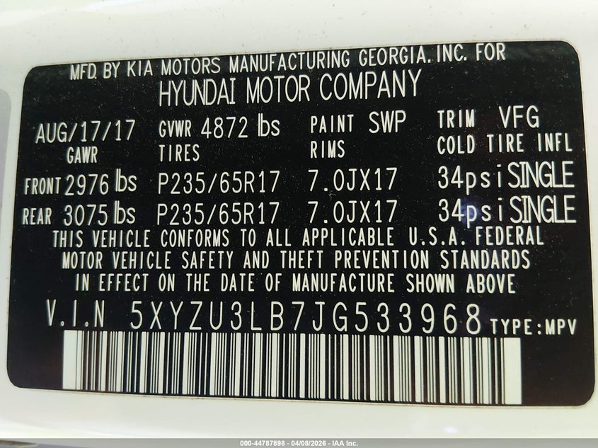 2018 Hyundai Santa fe VIN 5XYZU3LB7JG533968 IAAI salvage auction — RIGHT FRONT, Wait Title, sold $2,300 on 2026-07-15 (photo 9)