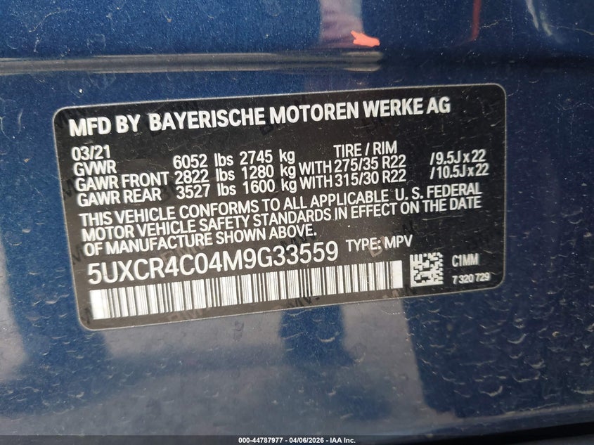 2021 BMW X5 VIN 5UXCR4C04M9G33559 IAAI salvage auction — Side, Salvage (California), sold $26,600 on 2026-05-04 (photo 9)