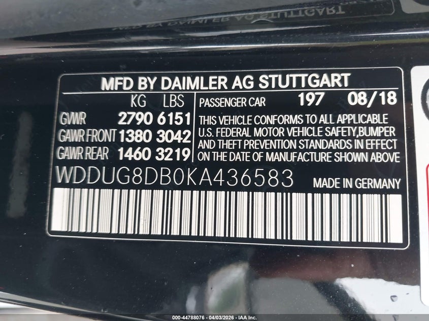 2019 Mercedes-benz S-klasse VIN WDDUG8DB0KA436583 IAAI salvage auction — LEFT SIDE, Original (Texas), sold $18,400 on 2026-07-09 (photo 9)