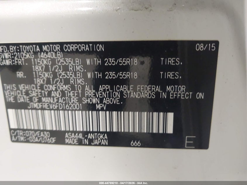 2015 Toyota Rav 4 VIN JTMDFREV6FD162001 IAAI salvage auction — NORMAL WEAR, Clear (New York), sold $7,100 on 2026-07-08 (photo 9)