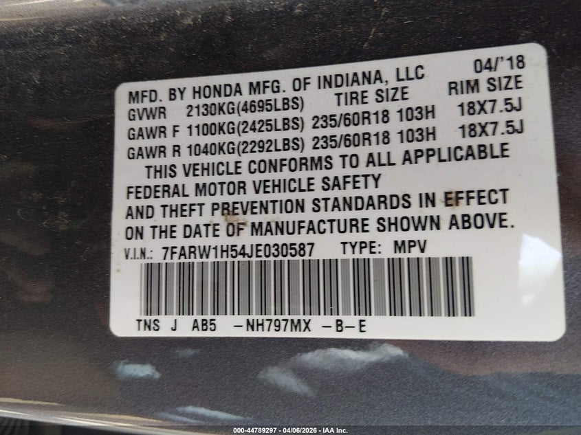 2018 Honda Cr-v VIN 7FARW1H54JE030587 IAAI salvage auction — RIGHT FRONT, Salvage (Kansas), sold $7,000 on 2026-07-17 (photo 9)